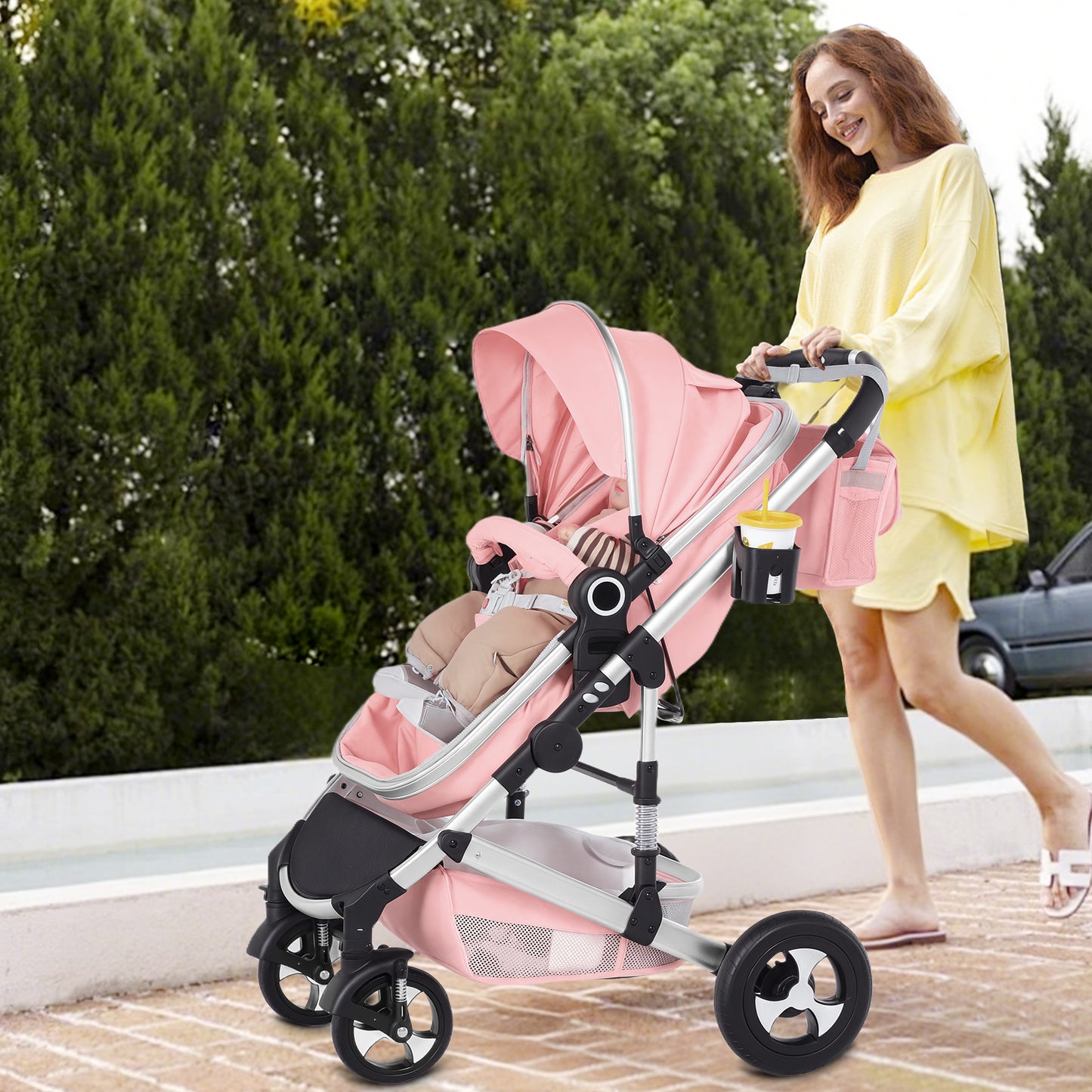 LINLUX 3 in 1 Baby Stroller w/ Diaper Bag & Big Wheel, Infant Pushchair, 23 Pounds, Pink