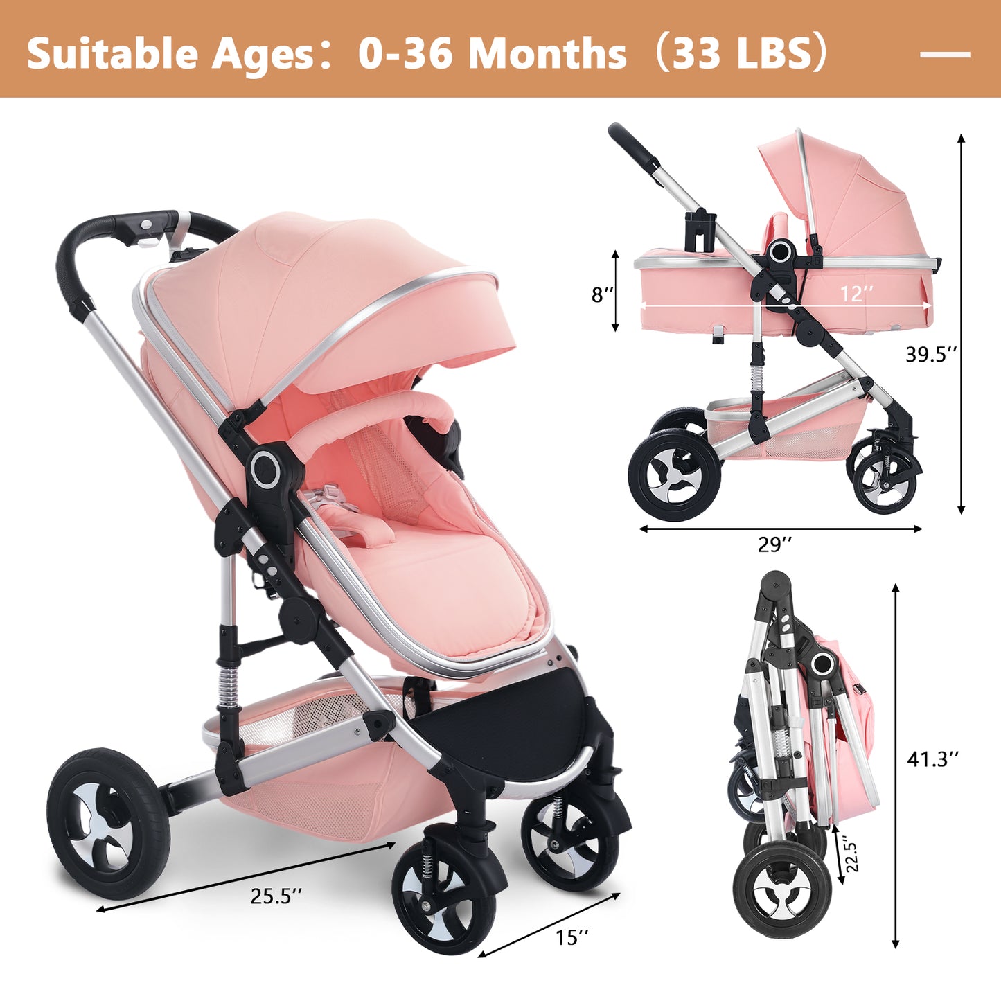 LINLUX 3 in 1 Baby Stroller w/ Diaper Bag & Big Wheel, Infant Pushchair, 23 Pounds, Pink