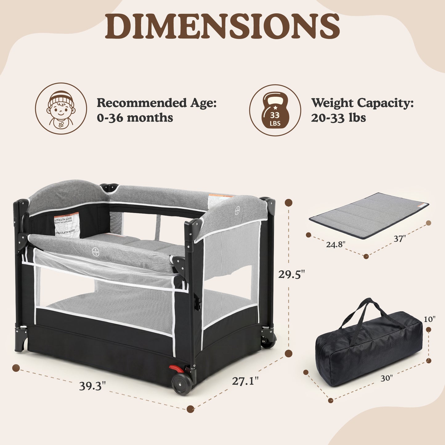 AILEEKISS 4-in-1 Portable Baby Play Yard with Changing Table for Newborn, Dark Grey