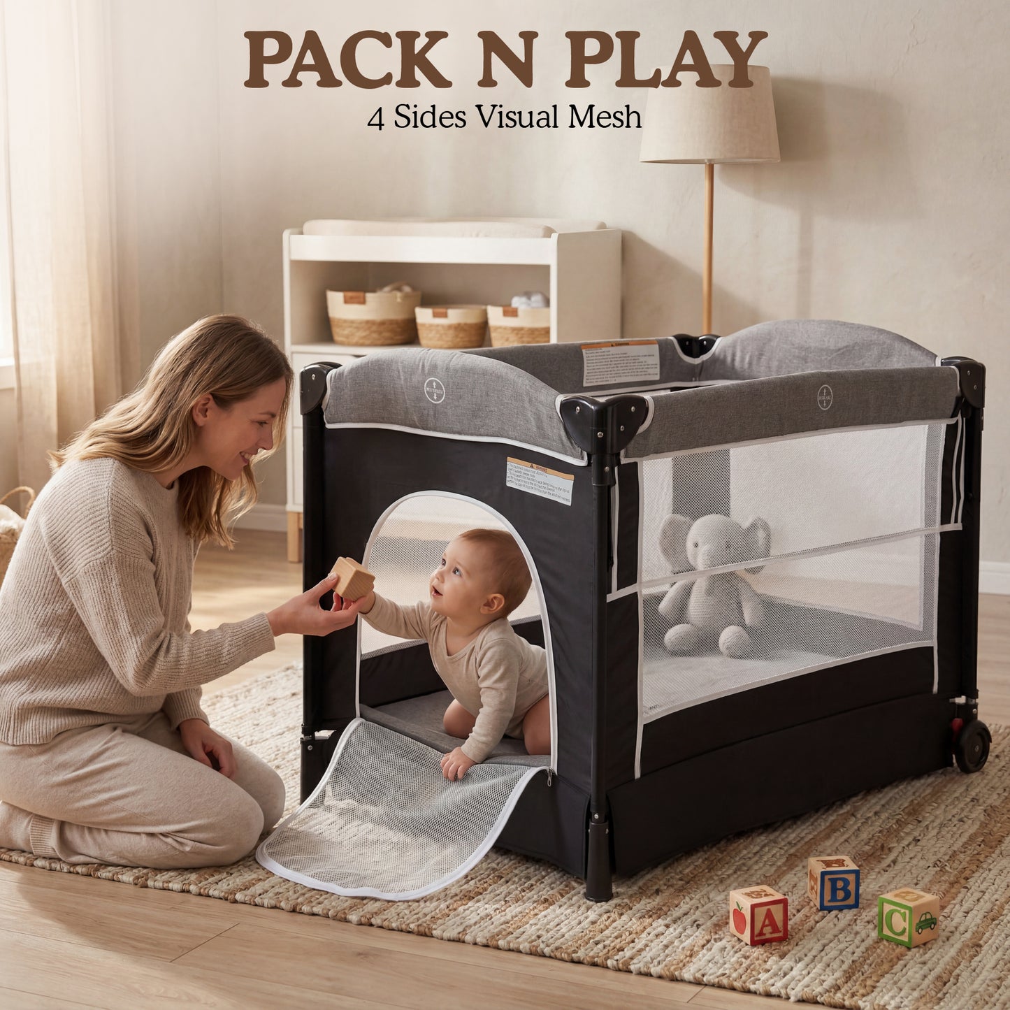 AILEEKISS 4-in-1 Portable Baby Play Yard with Changing Table for Newborn, Dark Grey