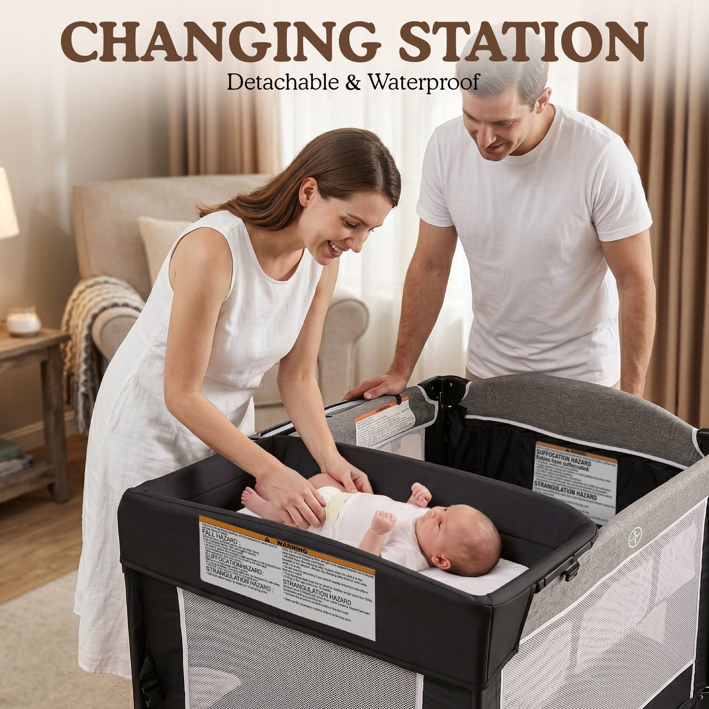 AILEEKISS 4-in-1 Portable Baby Play Yard with Changing Table for Newborn, Dark Grey