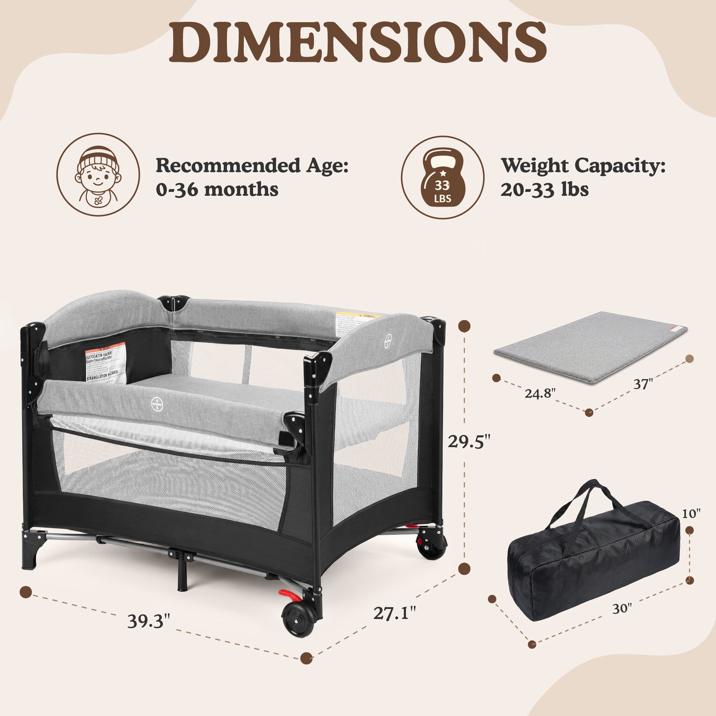AILEEKISS 4-in-1 Portable Baby Play Yard with Changing Table for Newborn, Grey