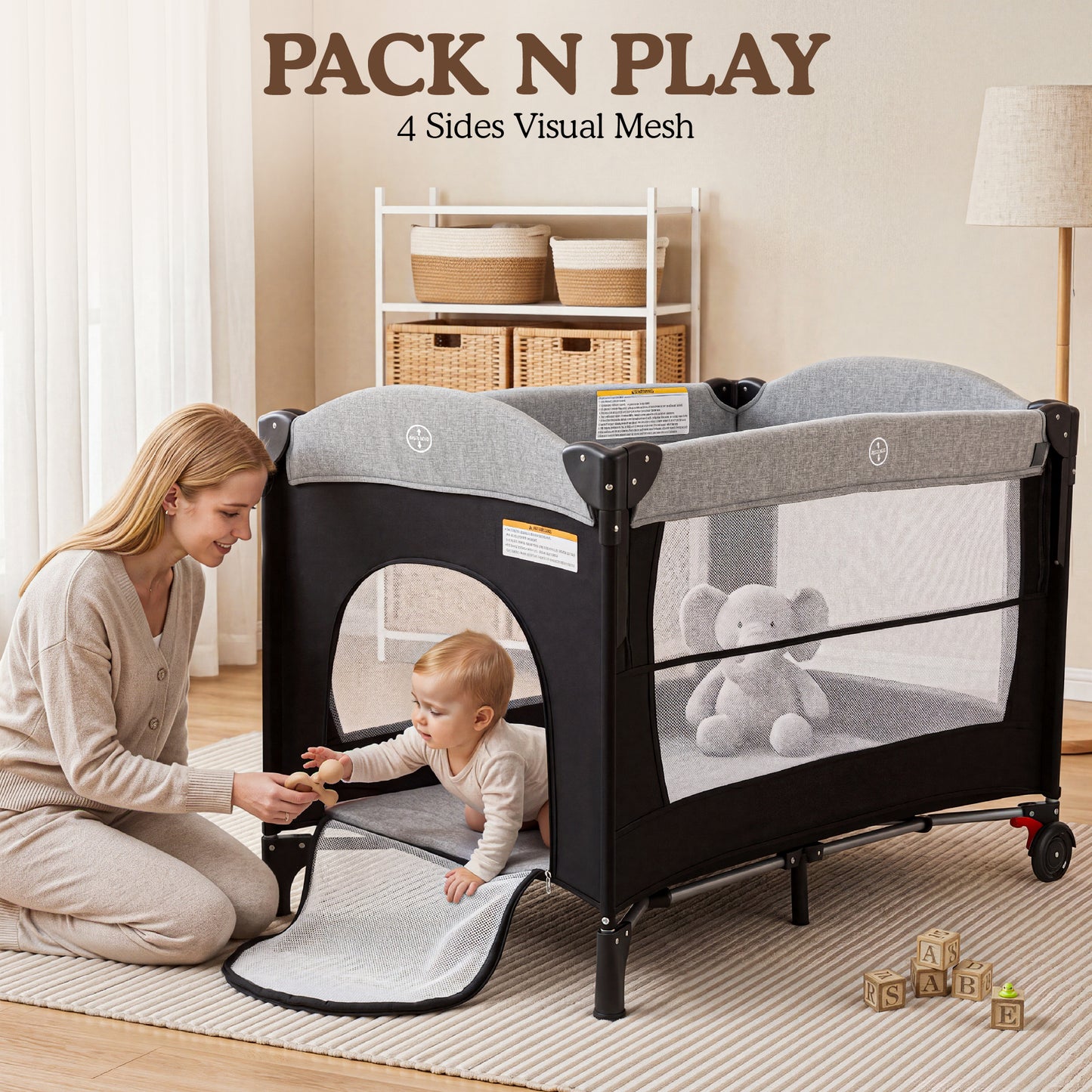 AILEEKISS 4-in-1 Portable Baby Play Yard with Changing Table for Newborn, Grey