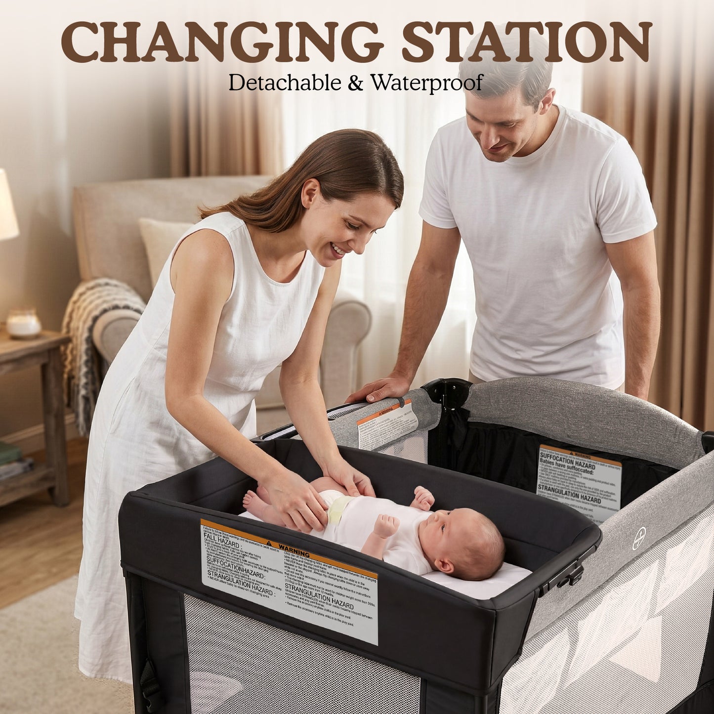 AILEEKISS 4-in-1 Portable Baby Play Yard with Changing Table for Newborn, Grey