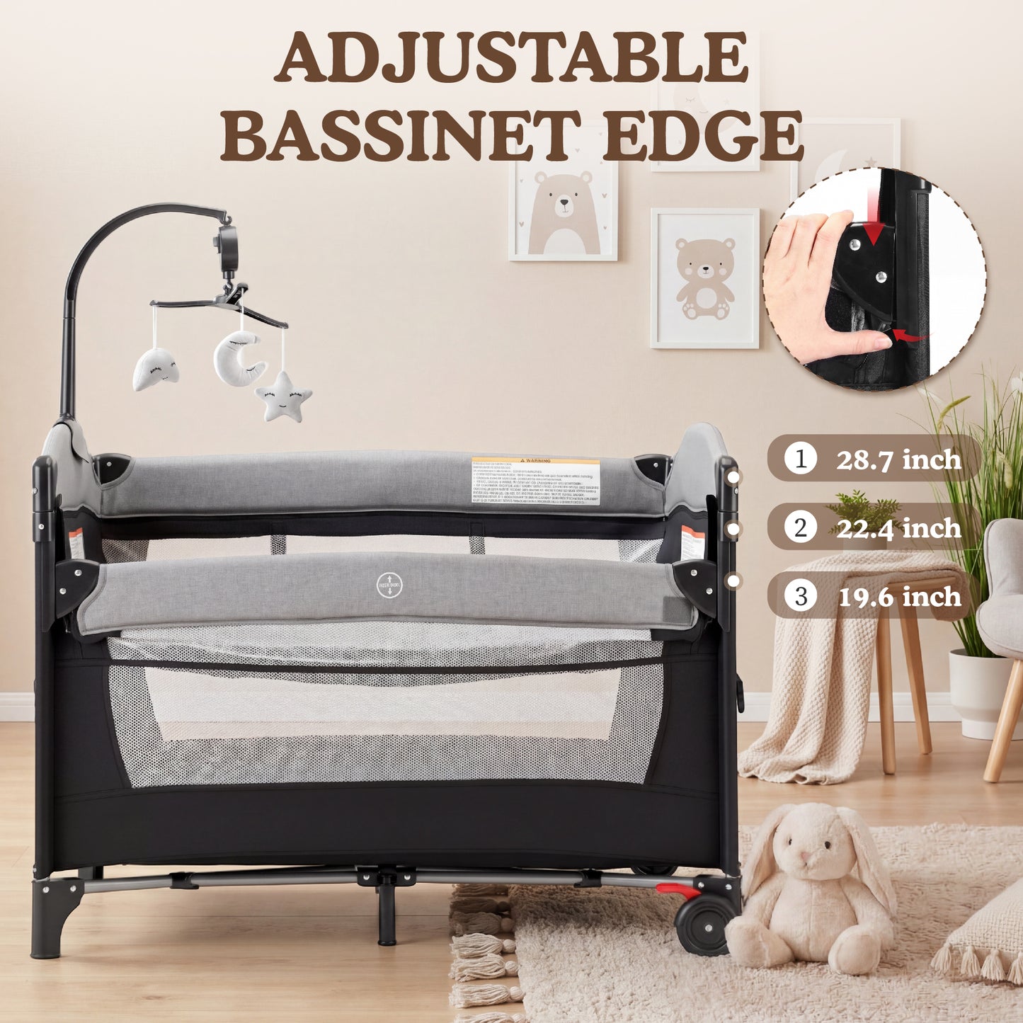 AILEEKISS 4-in-1 Portable Baby Play Yard with Changing Table for Newborn, Grey