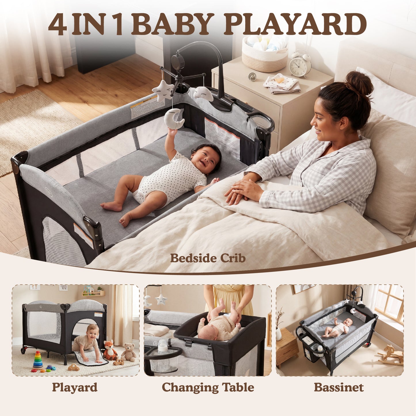 AILEEKISS 4-in-1 Portable Baby Play Yard with Changing Table for Newborn, Grey