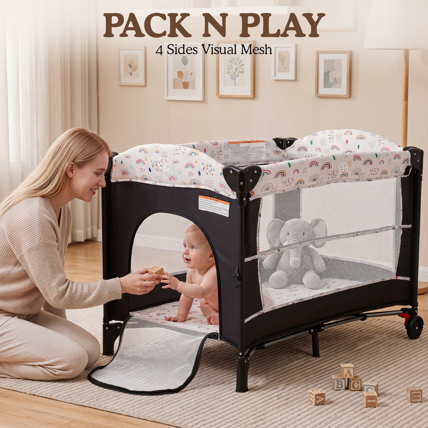AILEEKISS 4-in-1 Portable Baby Play Yard with Changing Table for Newborn, Multicolor