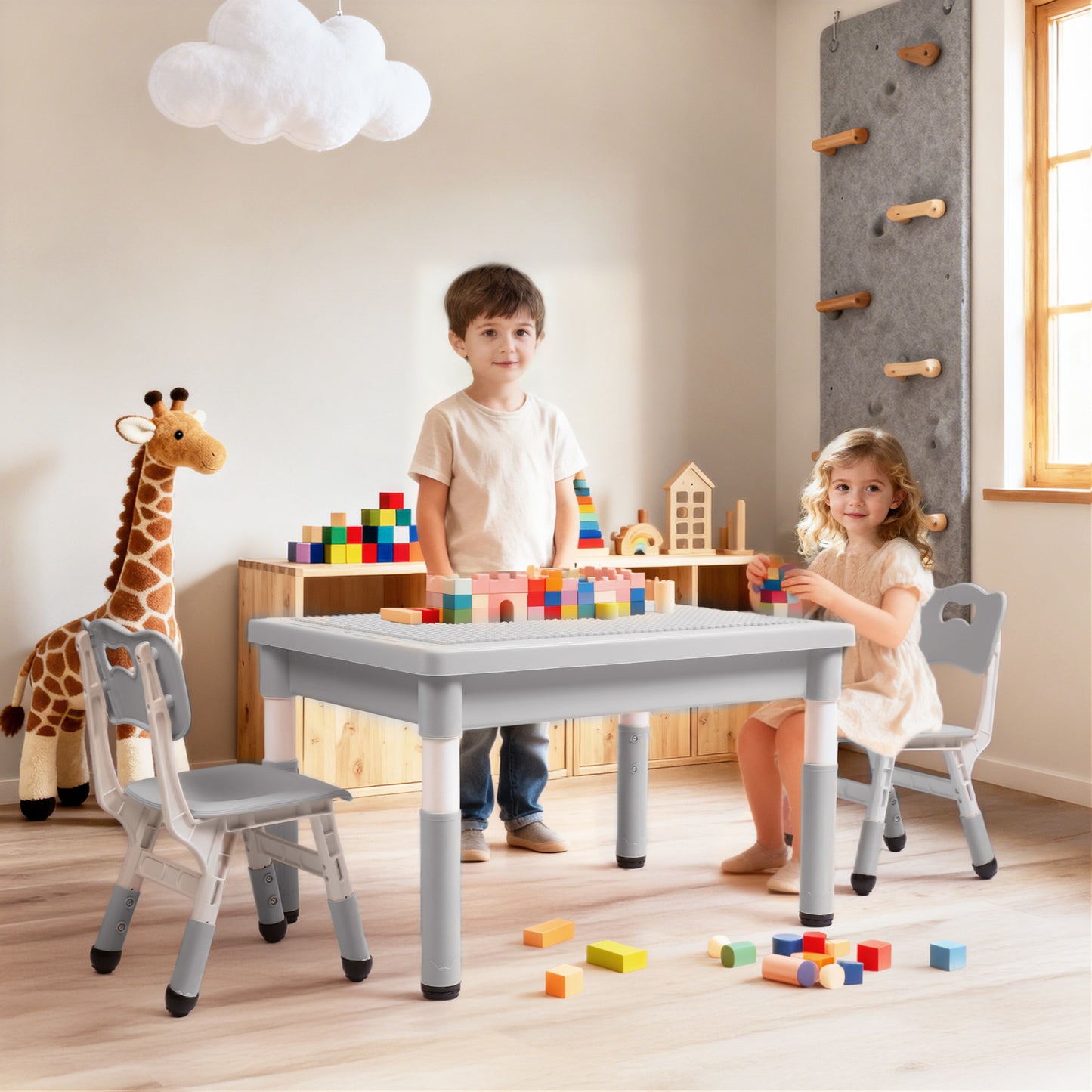 LINLUX Kids Table and Chair Set, 3 in 1 Activity Table for Children w/ Removable Tabletop, Gray