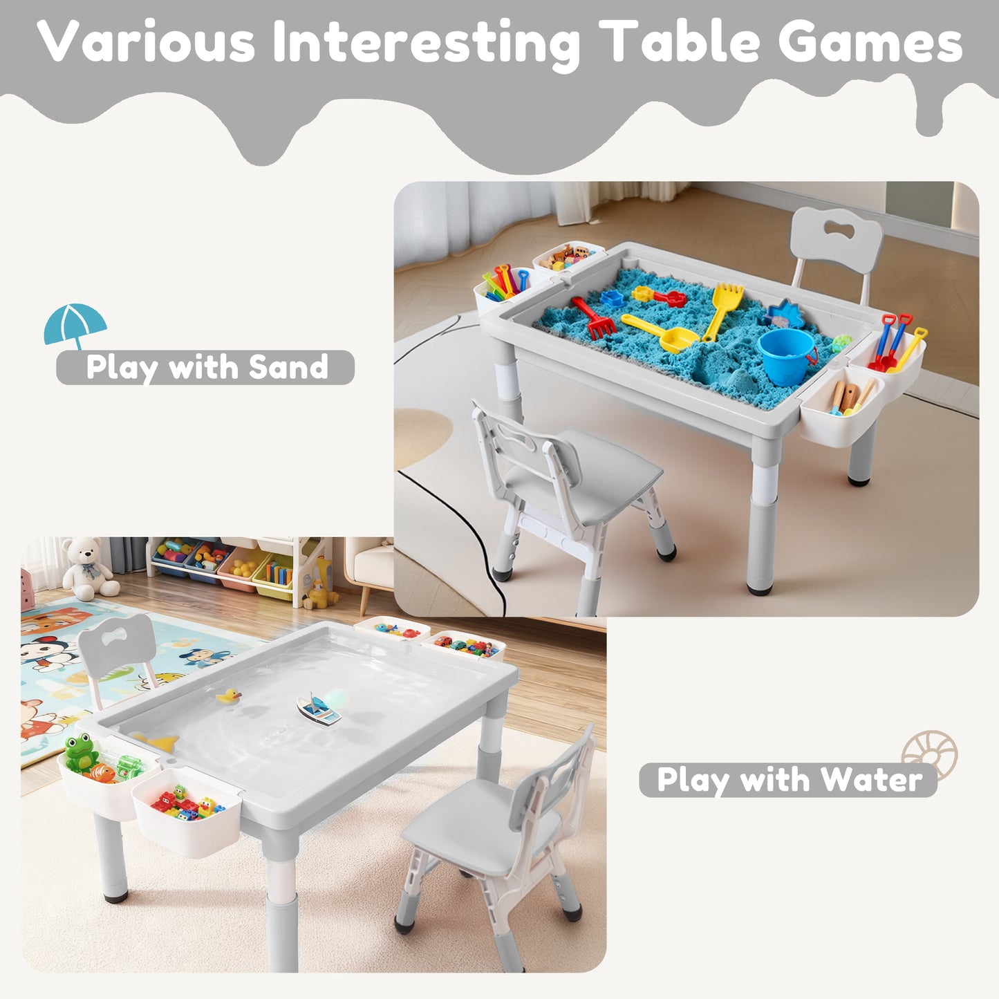 LINLUX Kids Table and Chair Set, 3 in 1 Activity Table for Children w/ Removable Tabletop, Gray