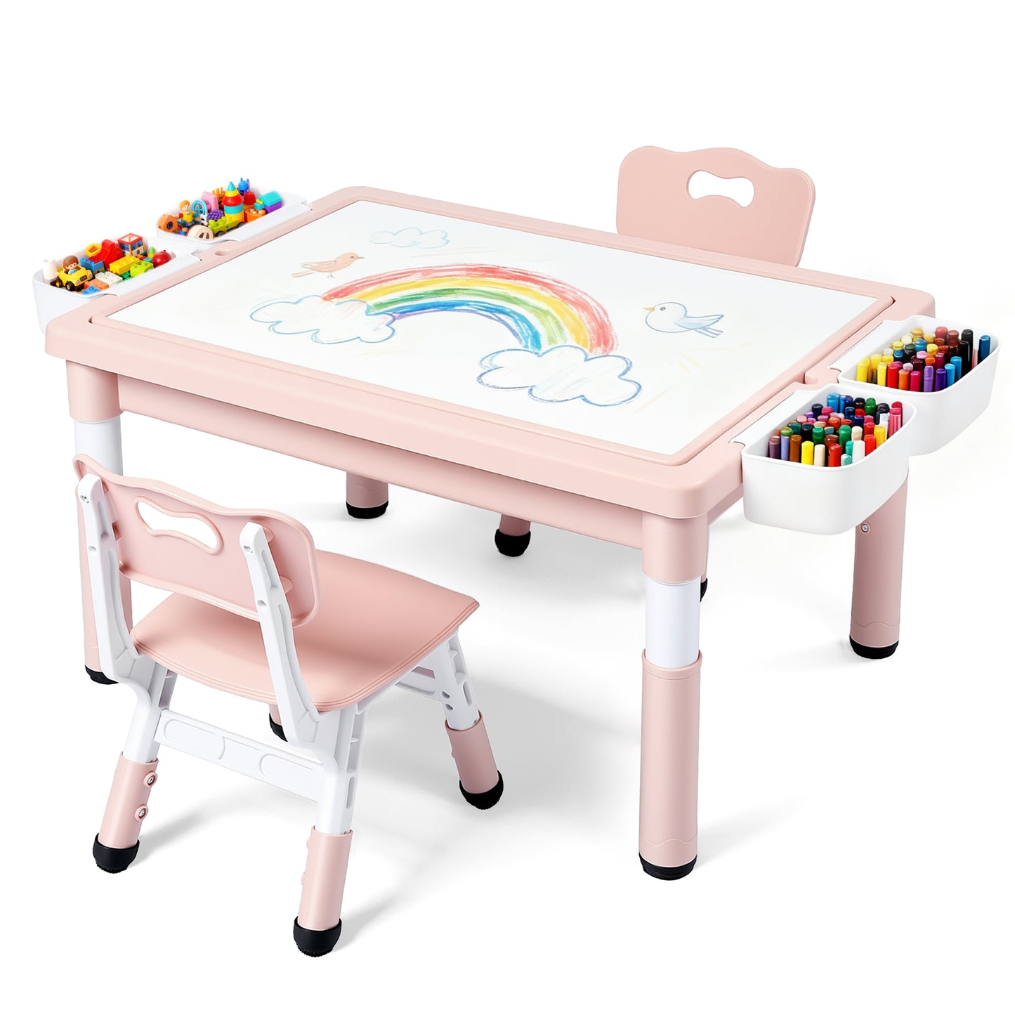 LINLUX Kids Table and Chair Set, 3 in 1 Activity Table for Children w/ Removable Tabletop, Pink
