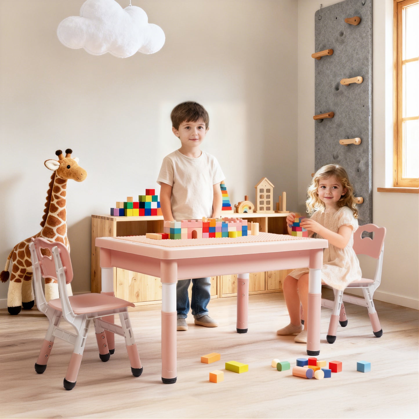 LINLUX Kids Table and Chair Set, 3 in 1 Activity Table for Children w/ Removable Tabletop, Pink