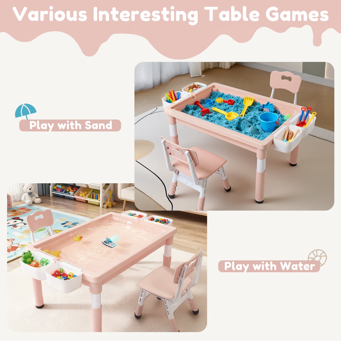 LINLUX Kids Table and Chair Set, 3 in 1 Activity Table for Children w/ Removable Tabletop, Pink