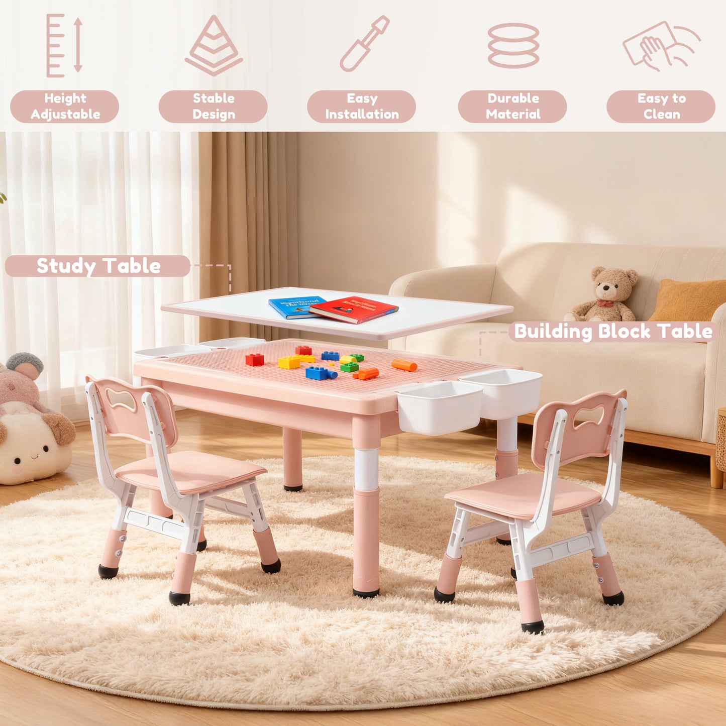 LINLUX Kids Table and Chair Set, 3 in 1 Activity Table for Children w/ Removable Tabletop, Pink