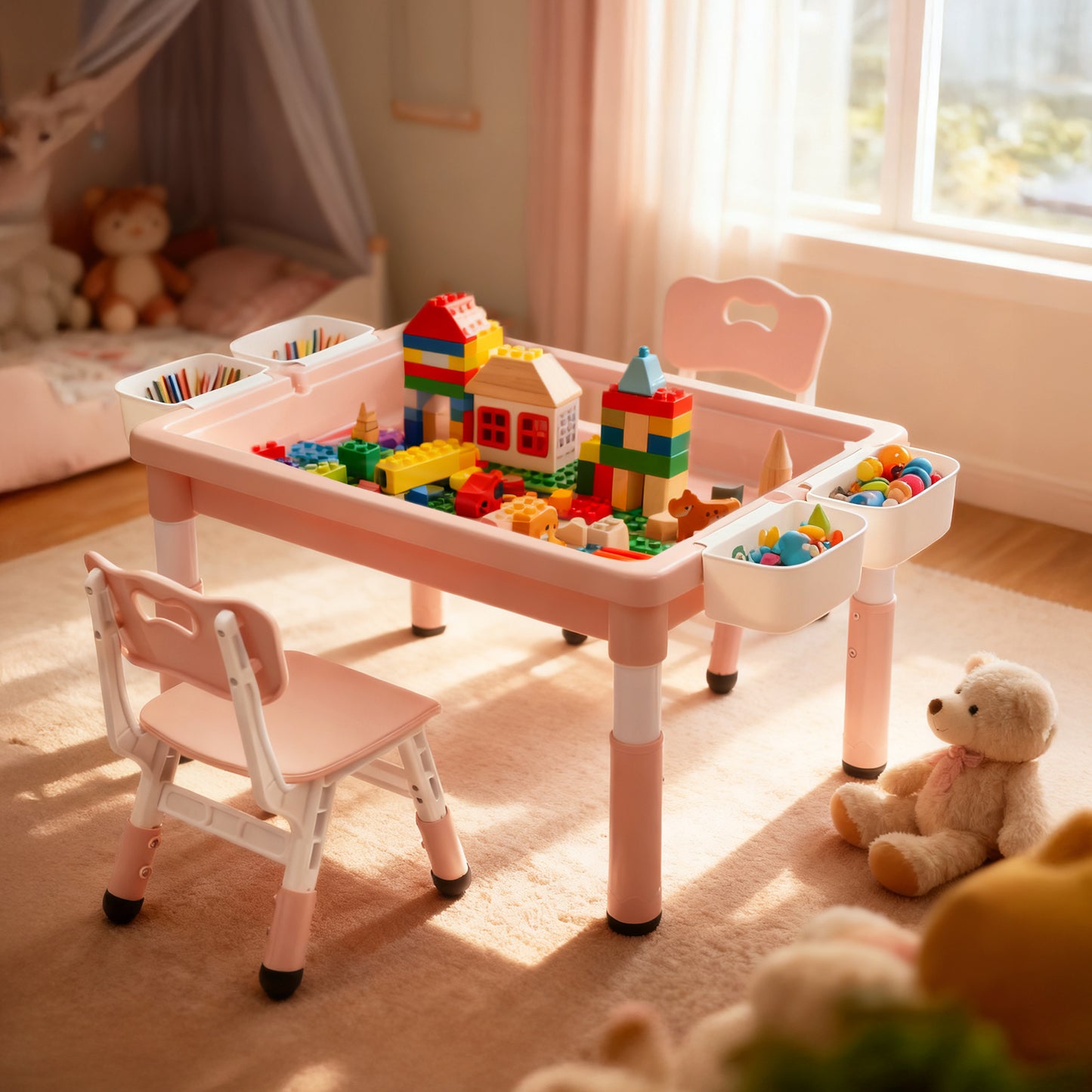 LINLUX Kids Table and Chair Set, 3 in 1 Activity Table for Children w/ Removable Tabletop, Pink