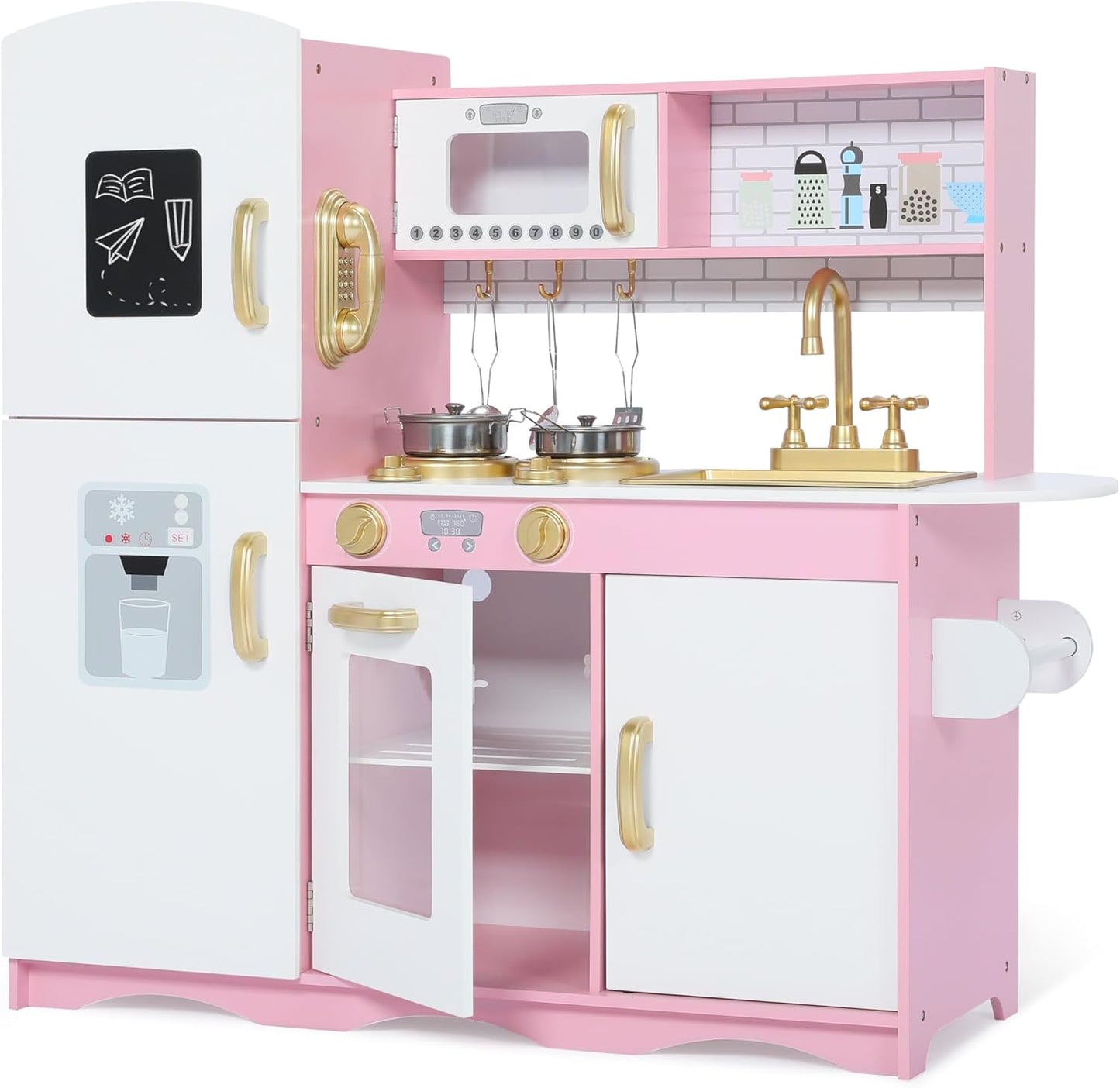 LINLUX Wooden Kids Play Kitchen Set,Pretend Kitchen with Sound & Light Cooktop,Sink & Accessories,Gold