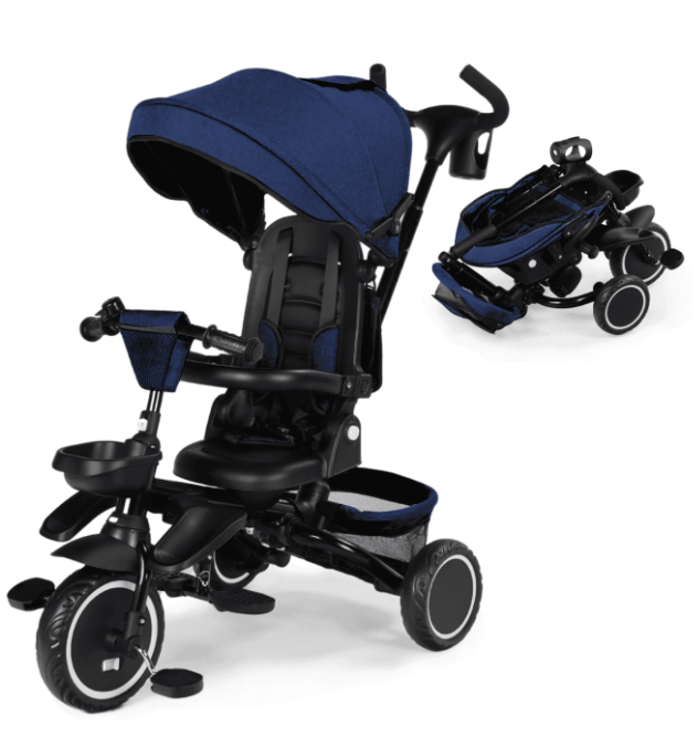 LINLUX 8 in 1 Kids Tricycle, Folding Toddler Trike with Push Handle, Tricycle for Kids, Blue