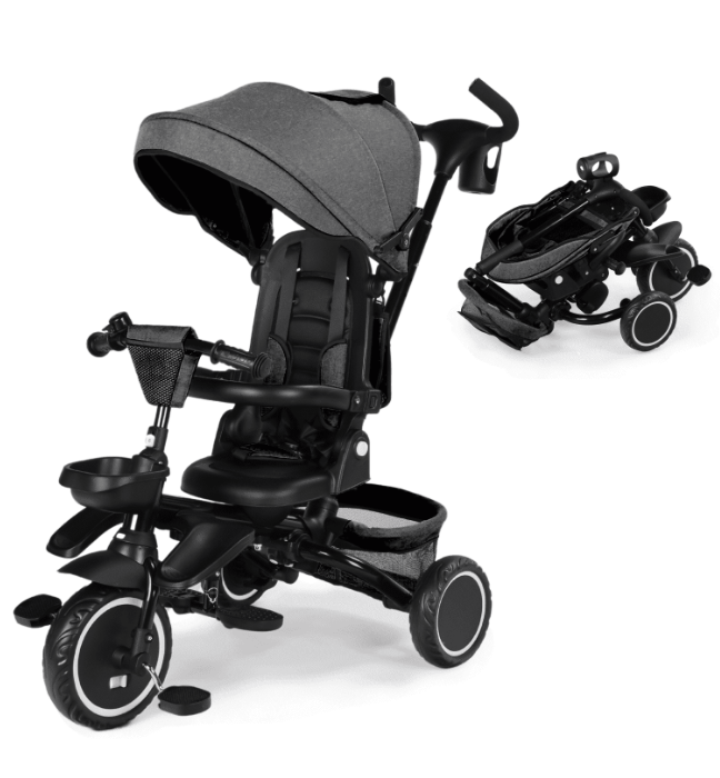 LINLUX 8 in 1 Kids Tricycle, Folding Toddler Trike with Push Handle, Tricycle for Kids, Gray