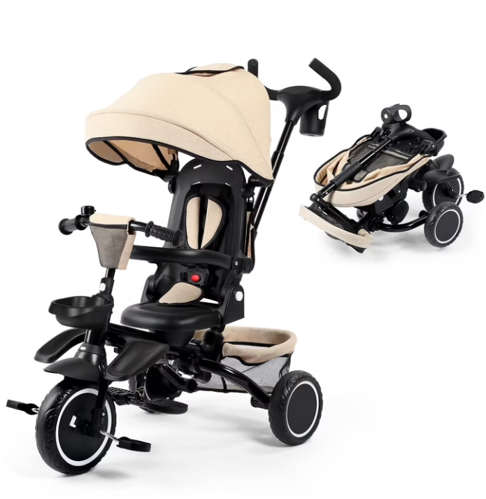 LINLUX 8 in 1 Kids Tricycle, Folding Toddler Trike with Push Handle, Tricycle for Kids, Khaki
