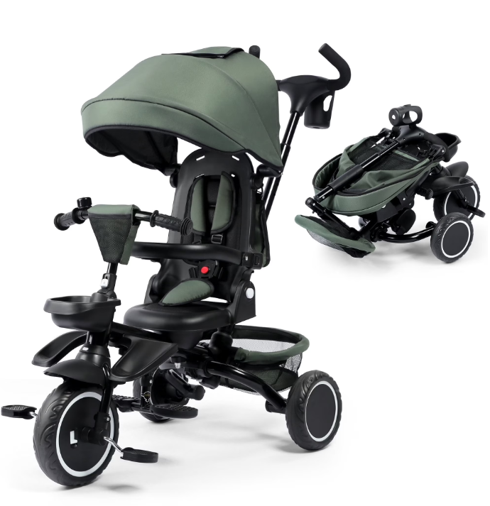 LINLUX 8 in 1 Kids Tricycle, Folding Toddler Trike with Push Handle, Tricycle for Kids, Army Green