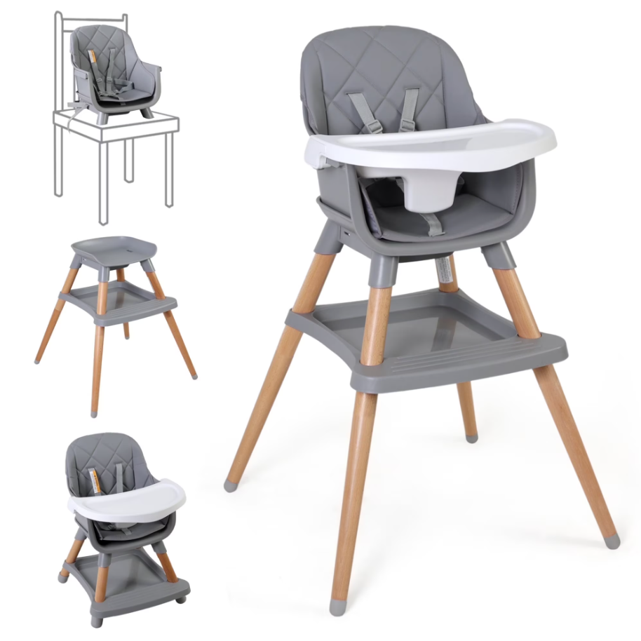 LINLUX Wood Baby High Chair, 7 in 1 Convertible Highchair, Infant Feeding Chair, Toddler Chair Gray