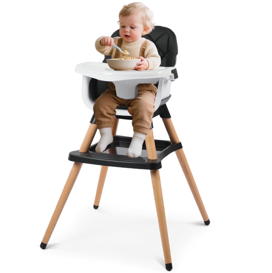 LINLUX Wood Baby High Chair, 7 in 1 Convertible Highchair, Infant Feeding Chair, Toddler Chair Black