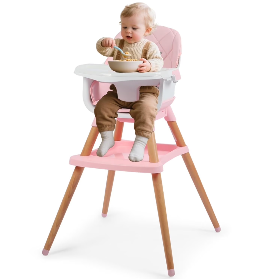 LINLUX Wood Baby High Chair, 7 in 1 Convertible Highchair, Infant Feeding Chair, Toddler Chair Pink