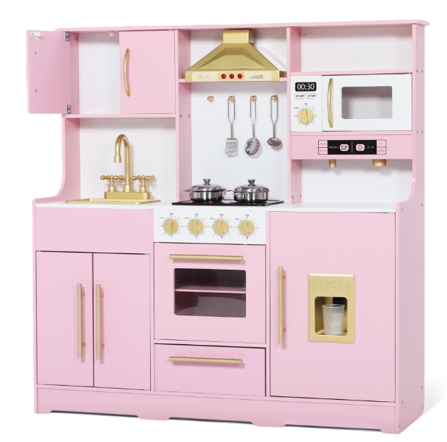 LINLUX Wooden Kids Play Kitchen, Toy Kitchen Playset For Toddler, Realistic Kitchen Sets Baby,Pink
