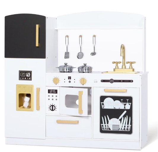 LINLUX Pretend Kids Play Kitchen, Toy Kitchen Playset for Toddler, Wood Kitchen Sets Baby, White