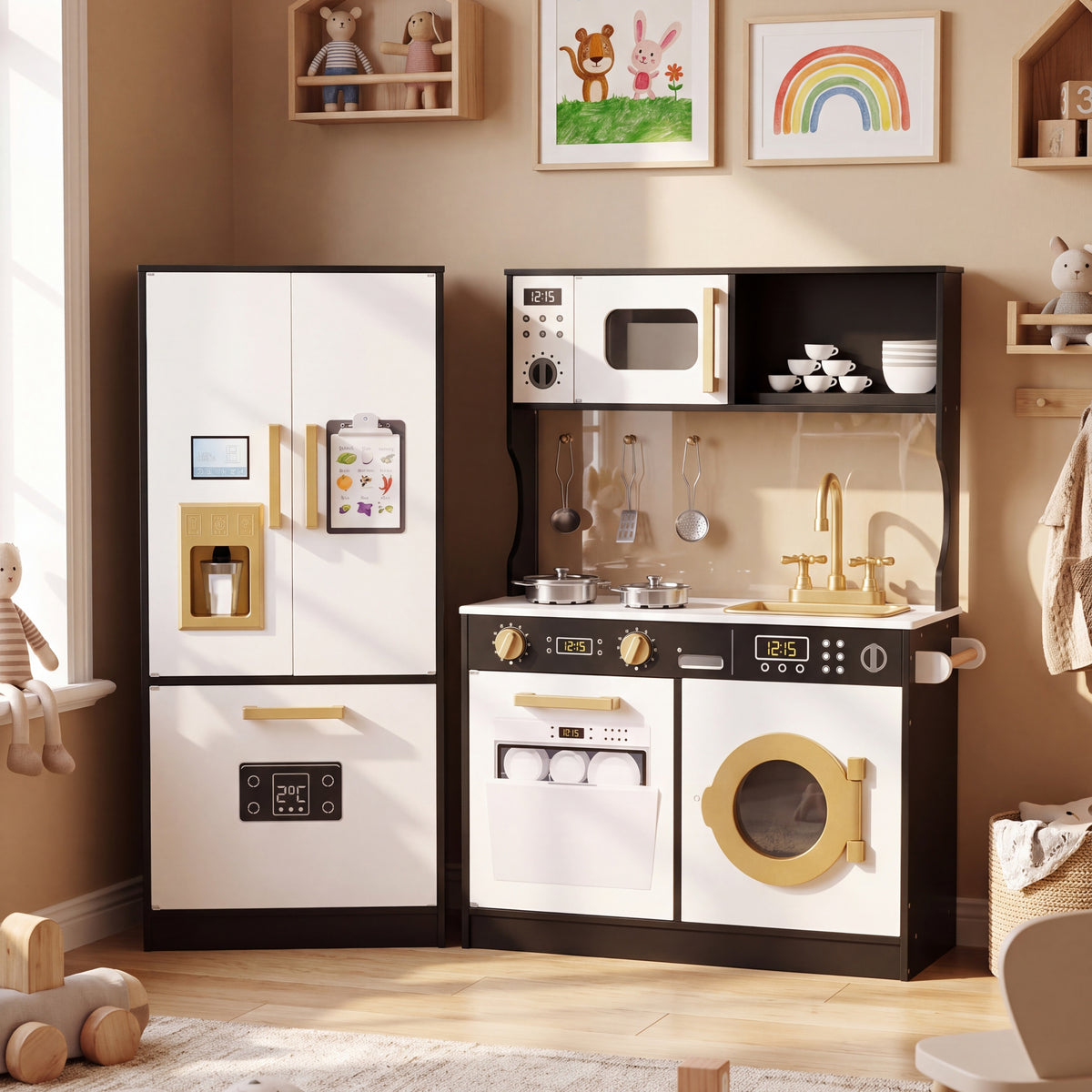 LINLUX Wooden Kids Play Kitchen Set, Pretend Kitchen with Ice Maker, Fridge, Microwave & Sink, Black