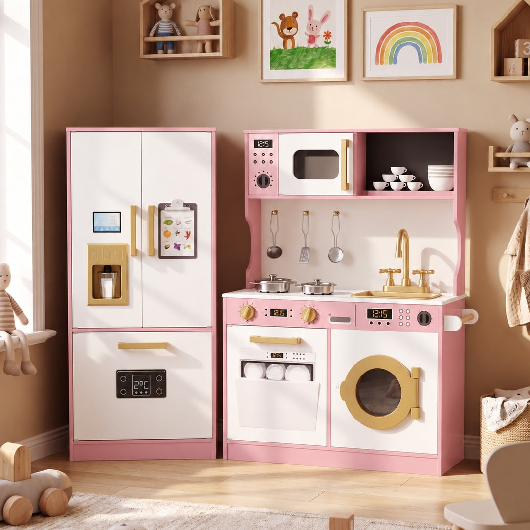 LINLUX Wooden Kids Play Kitchen Set, Pretend Kitchen with Ice Maker, Fridge, Microwave & Sink, Pink