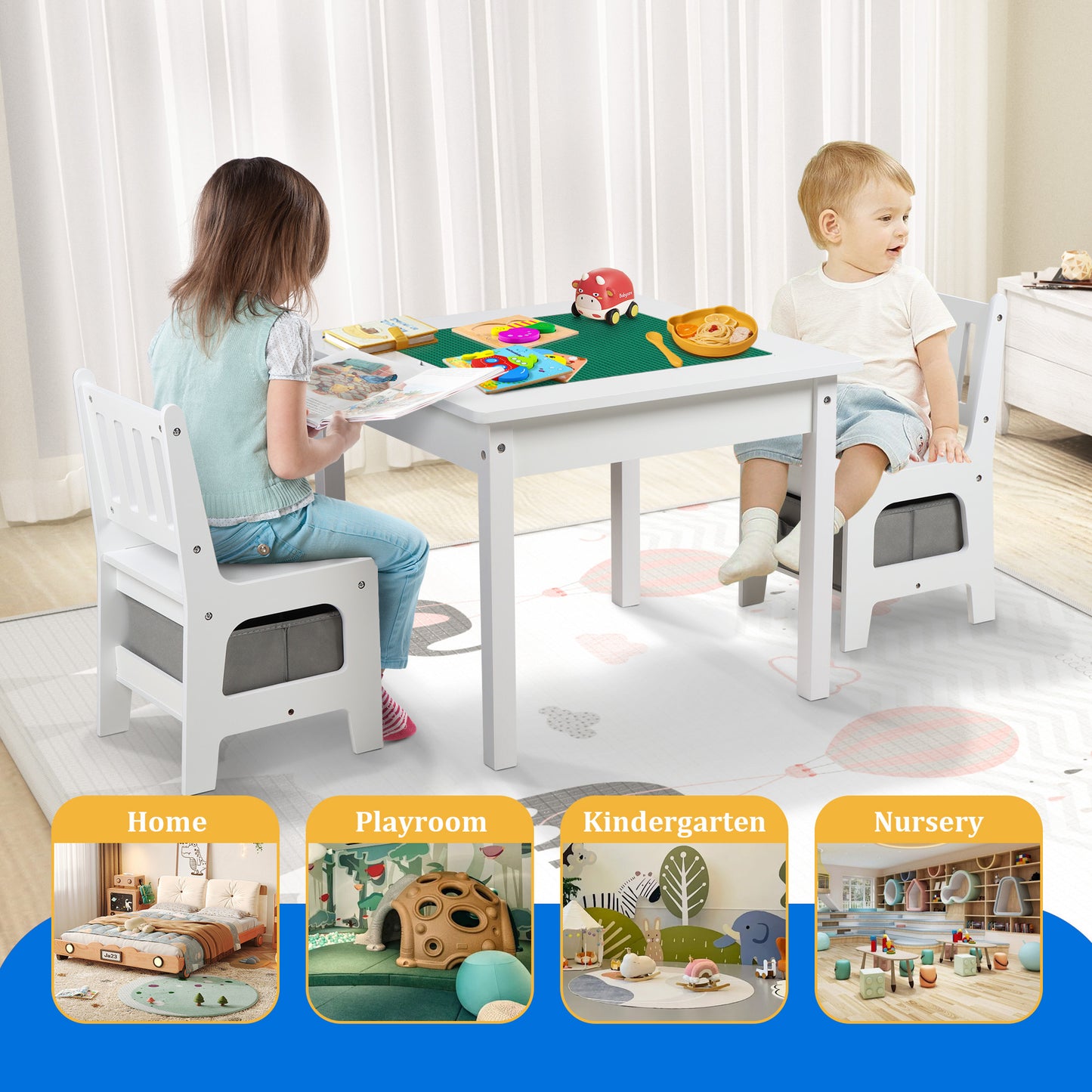 Kids Table and Chair Set, 2 in 1 Toddler Activity Table, Lego Block Play Table, White