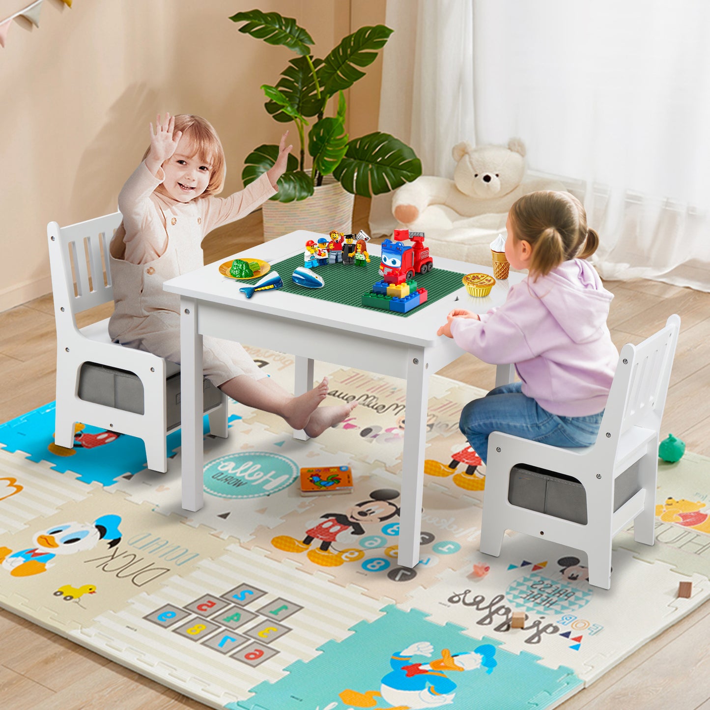 Kids Table and Chair Set, 2 in 1 Toddler Activity Table, Lego Block Play Table, White