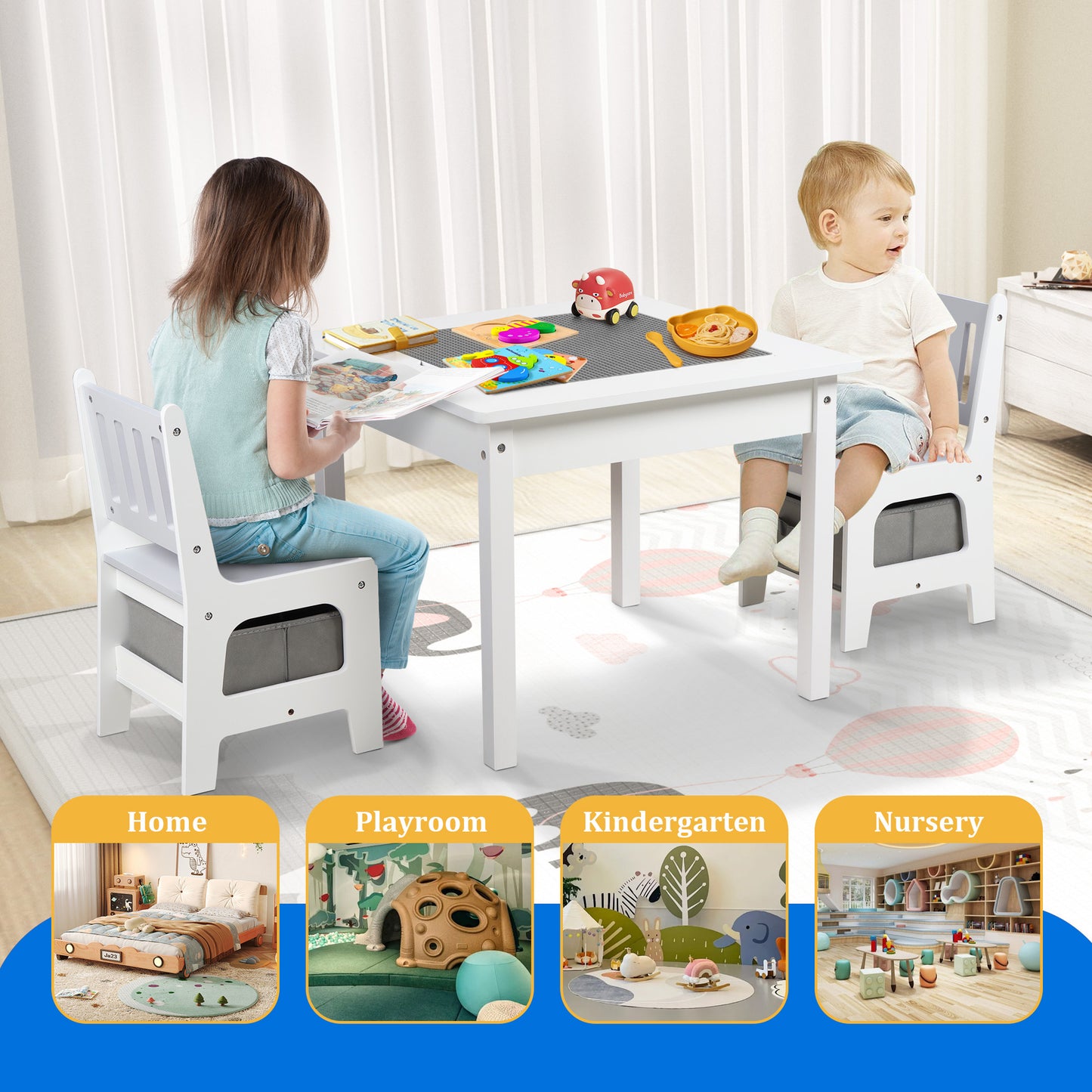 Kids Table and Chair Set, 2 in 1 Toddler Activity Table, Lego Block Play Table, Grey