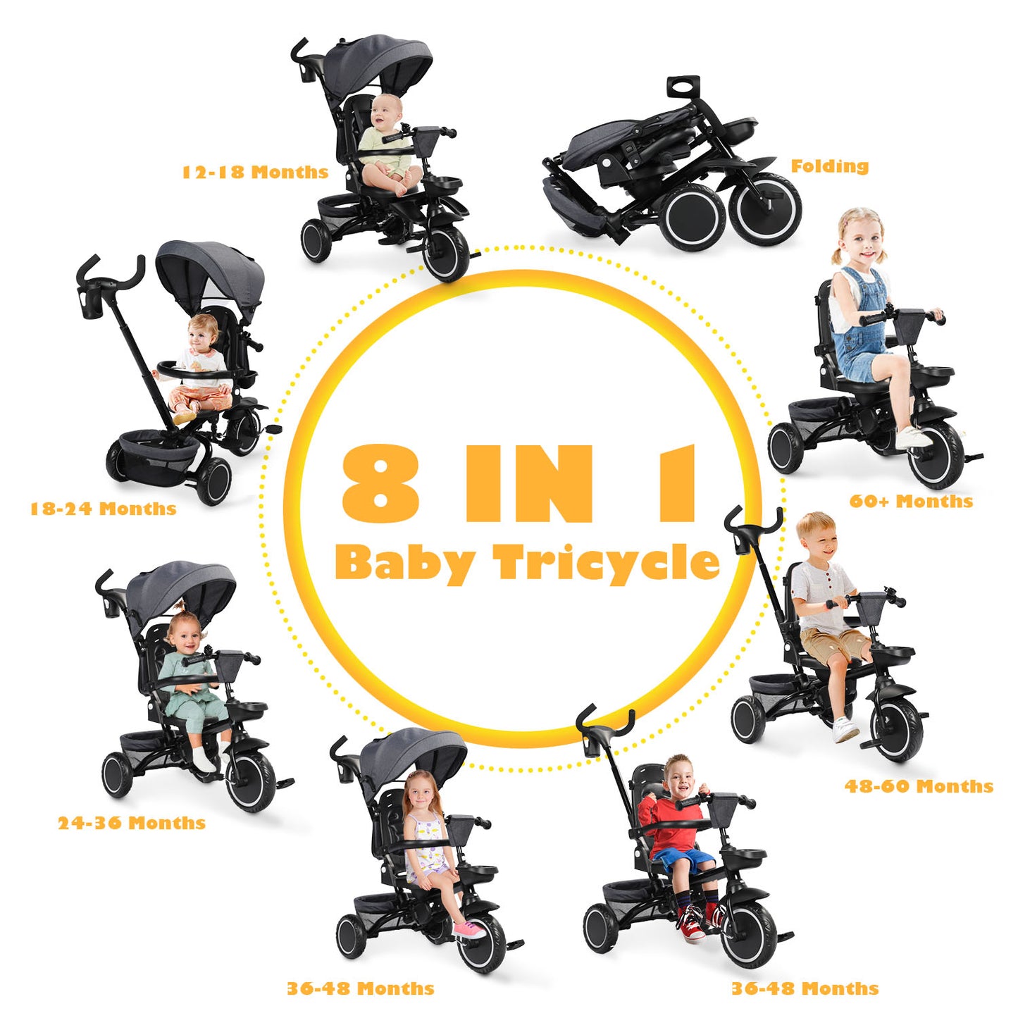 8-in-1 Kids' Tricycle Stroller, Toddler Bicycle Unisex Ride Trike 1-6 Years, Grey