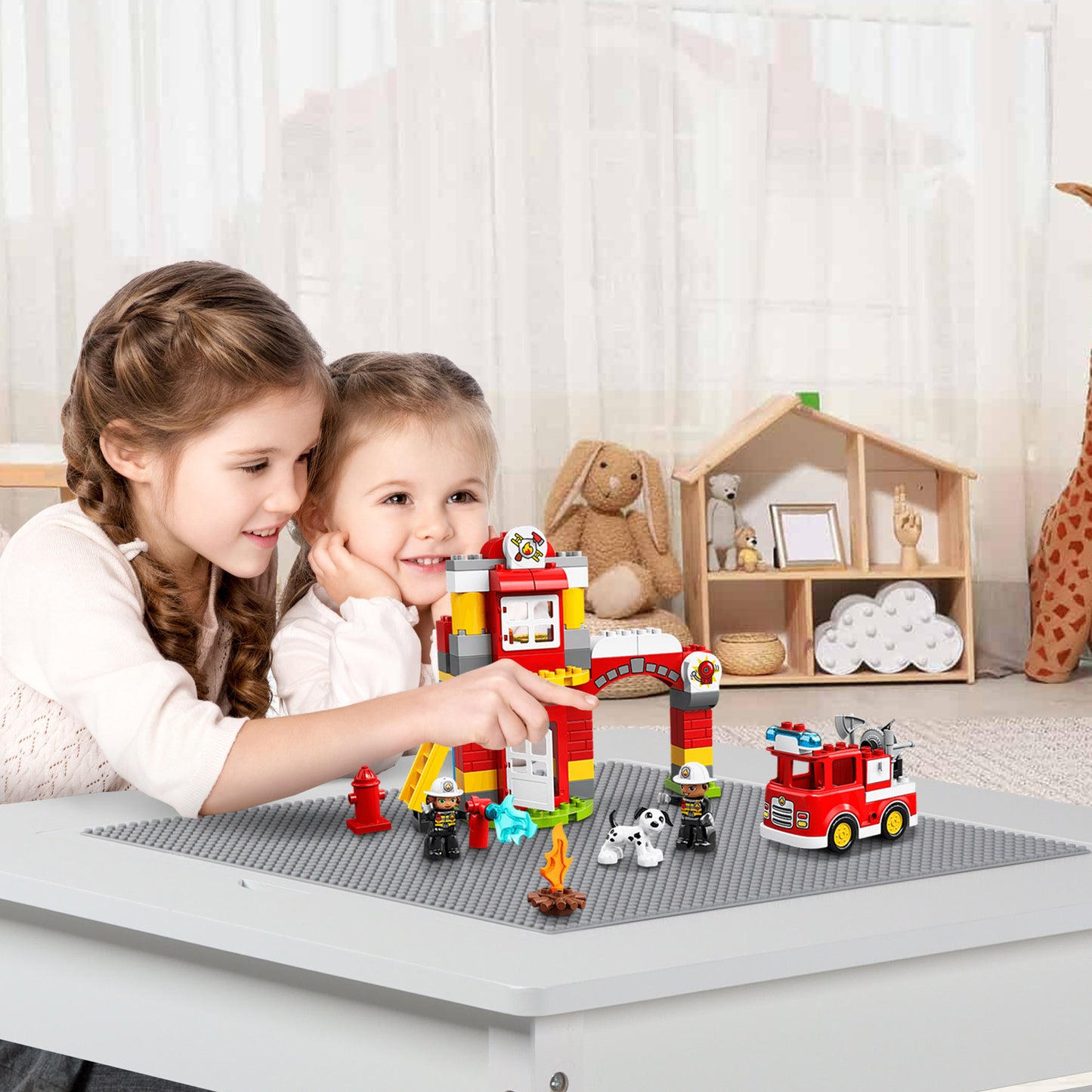 Kids Table and Chair Set, 2 in 1 Toddler Activity Table, Lego Block Play Table, Grey