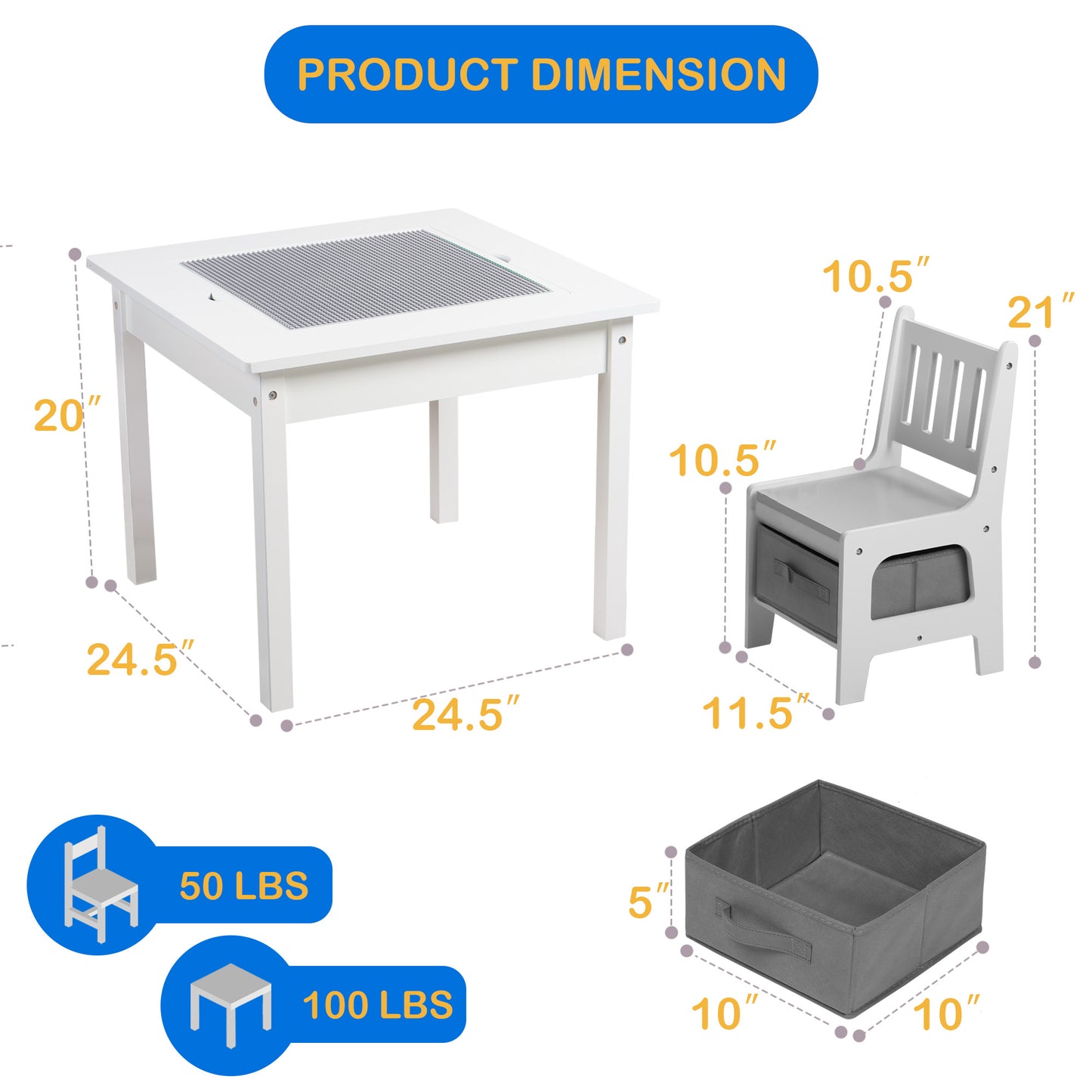 Kids Table and Chair Set, 2 in 1 Toddler Activity Table, Lego Block Play Table, Grey