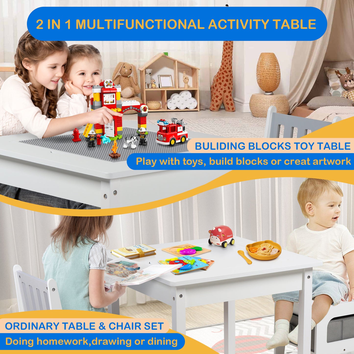 Kids Table and Chair Set, 2 in 1 Toddler Activity Table, Lego Block Play Table, Grey