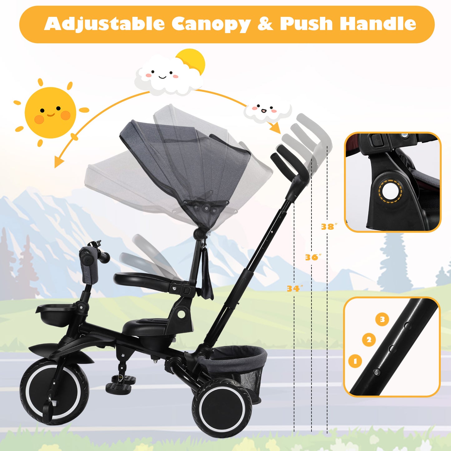 8-in-1 Kids' Tricycle Stroller, Toddler Bicycle Unisex Ride Trike 1-6 Years, Grey