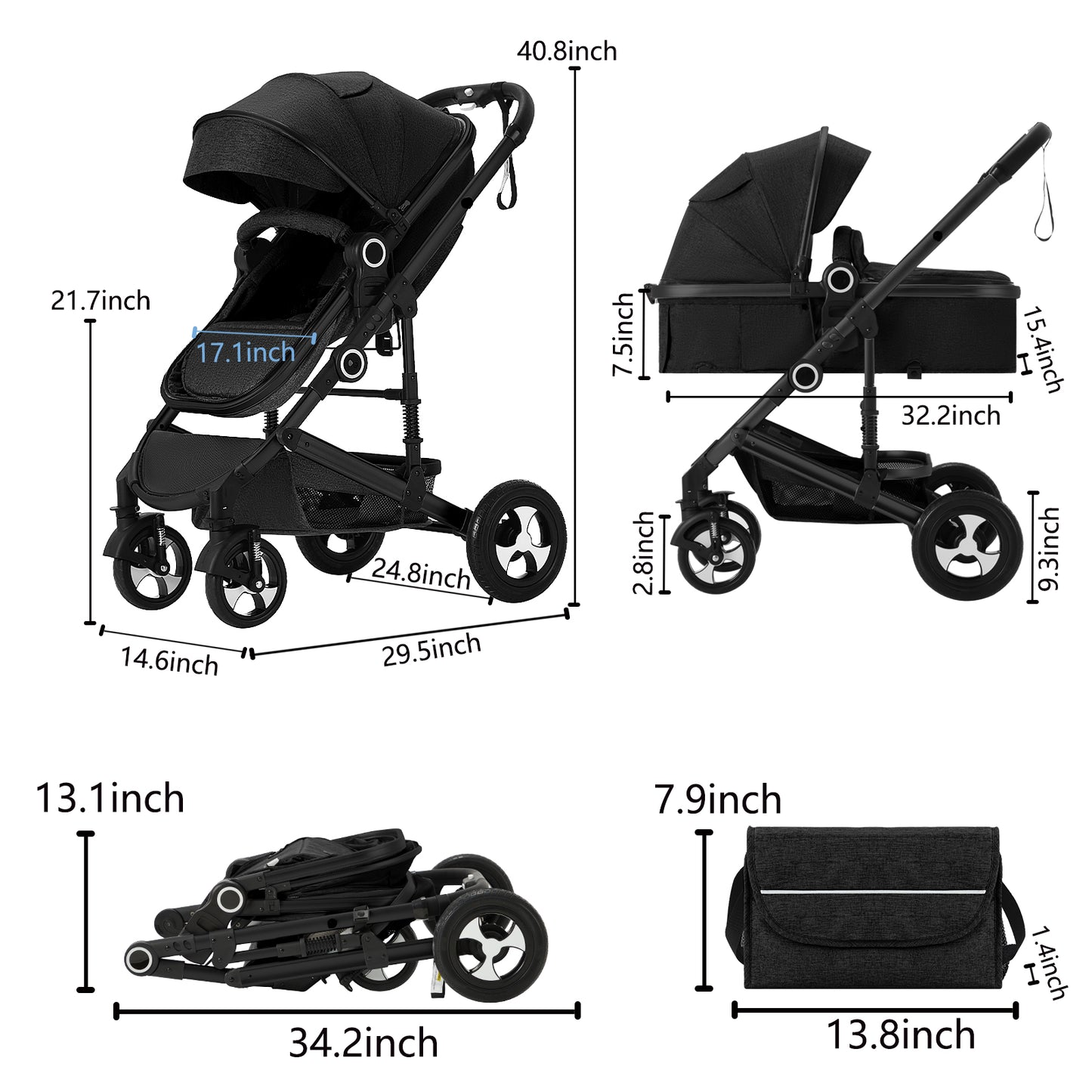 2 in 1 Convertible Baby Stroller, Unisex Folding Infant Newborn Bassinet Pram, Black