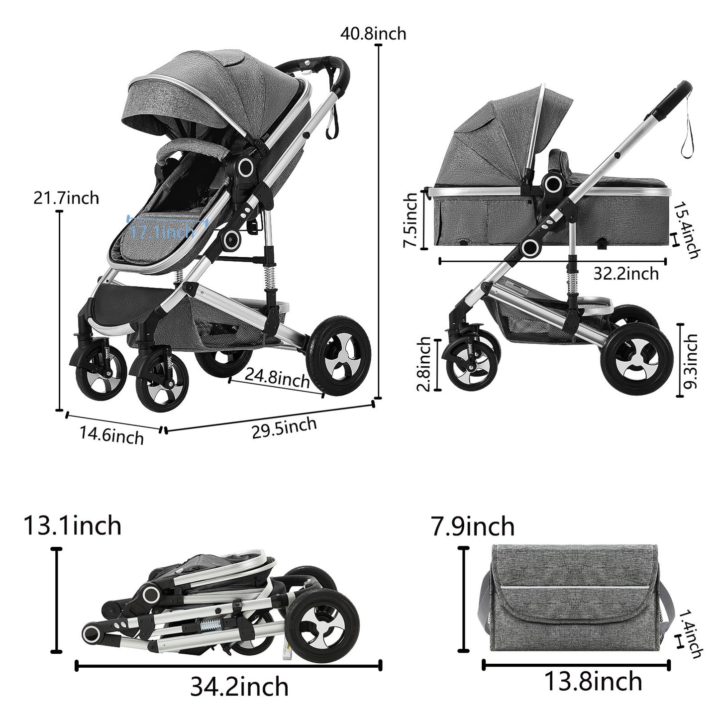 2 in 1 Convertible Baby Stroller, Unisex Folding Infant Newborn Bassinet Pram, Dark Grey