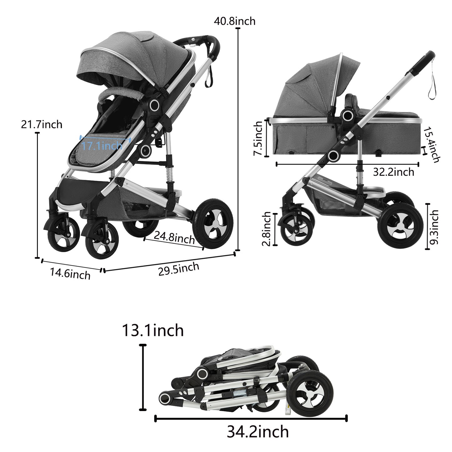 AILEEKISS 3 in 1 Convertible Baby Stroller, Unisex Folding Newborn Stroller with Big Seat, Dark Grey