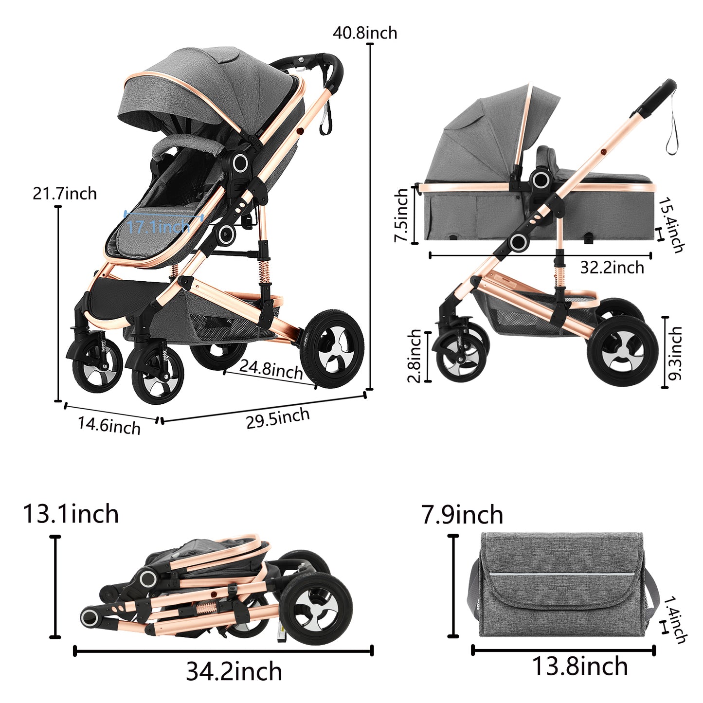 2 in 1 Convertible Baby Stroller, Unisex Folding Infant Newborn Bassinet Pram, Rose Gold