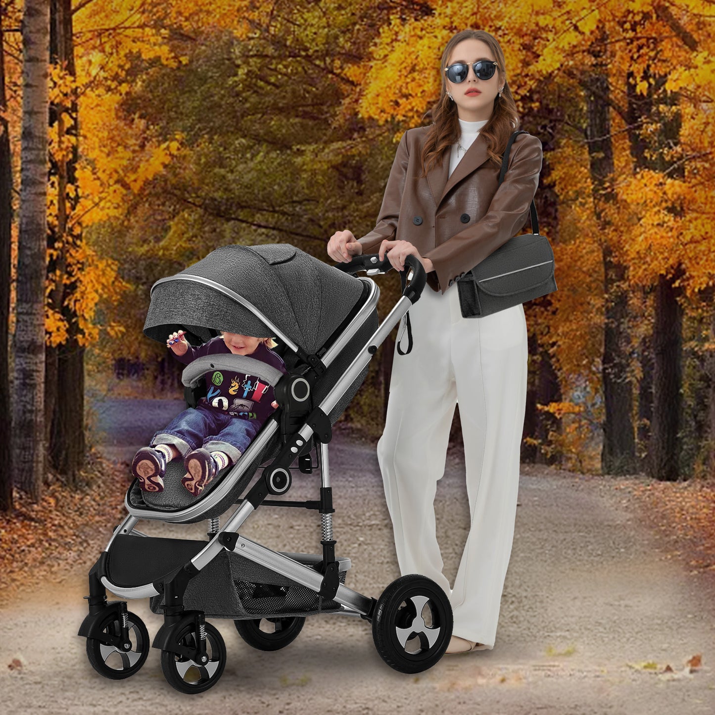 2 in 1 Convertible Baby Stroller, Unisex Folding Infant Newborn Bassinet Pram, Dark Grey