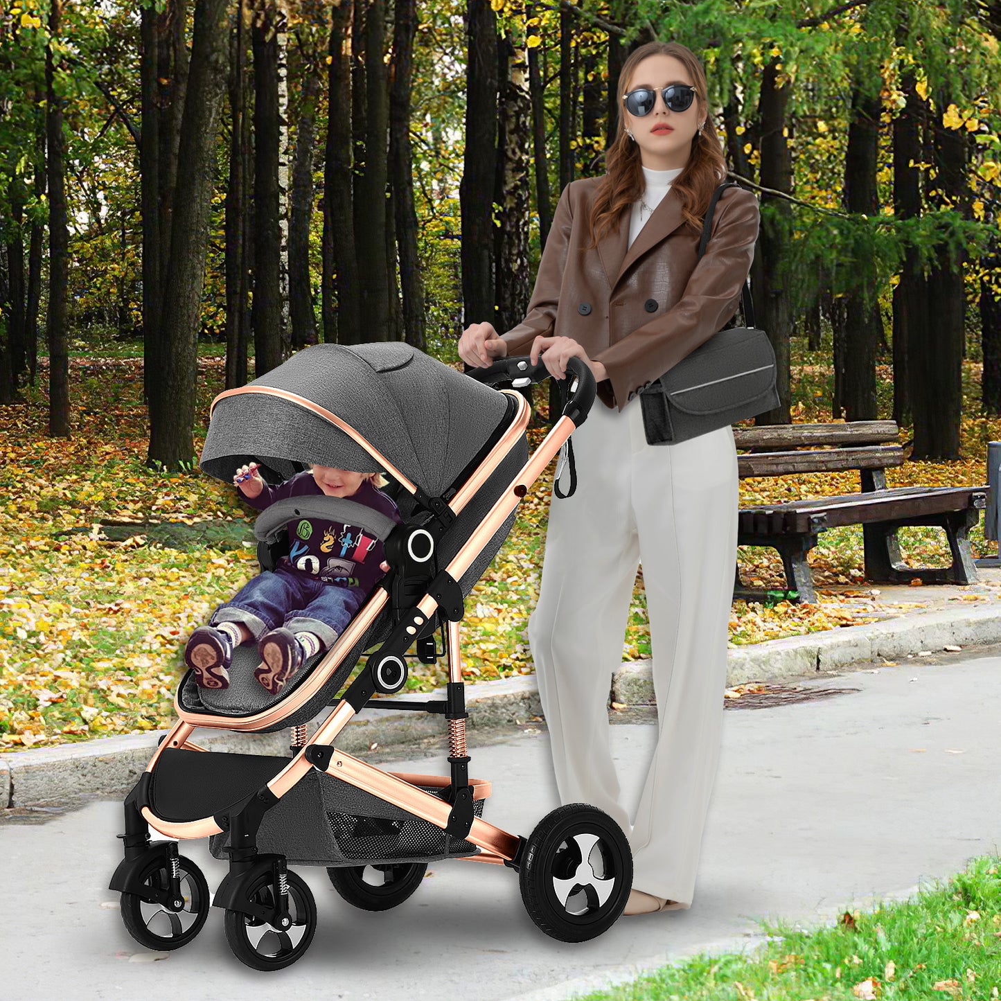 2 in 1 Convertible Baby Stroller, Unisex Folding Infant Newborn Bassinet Pram, Rose Gold