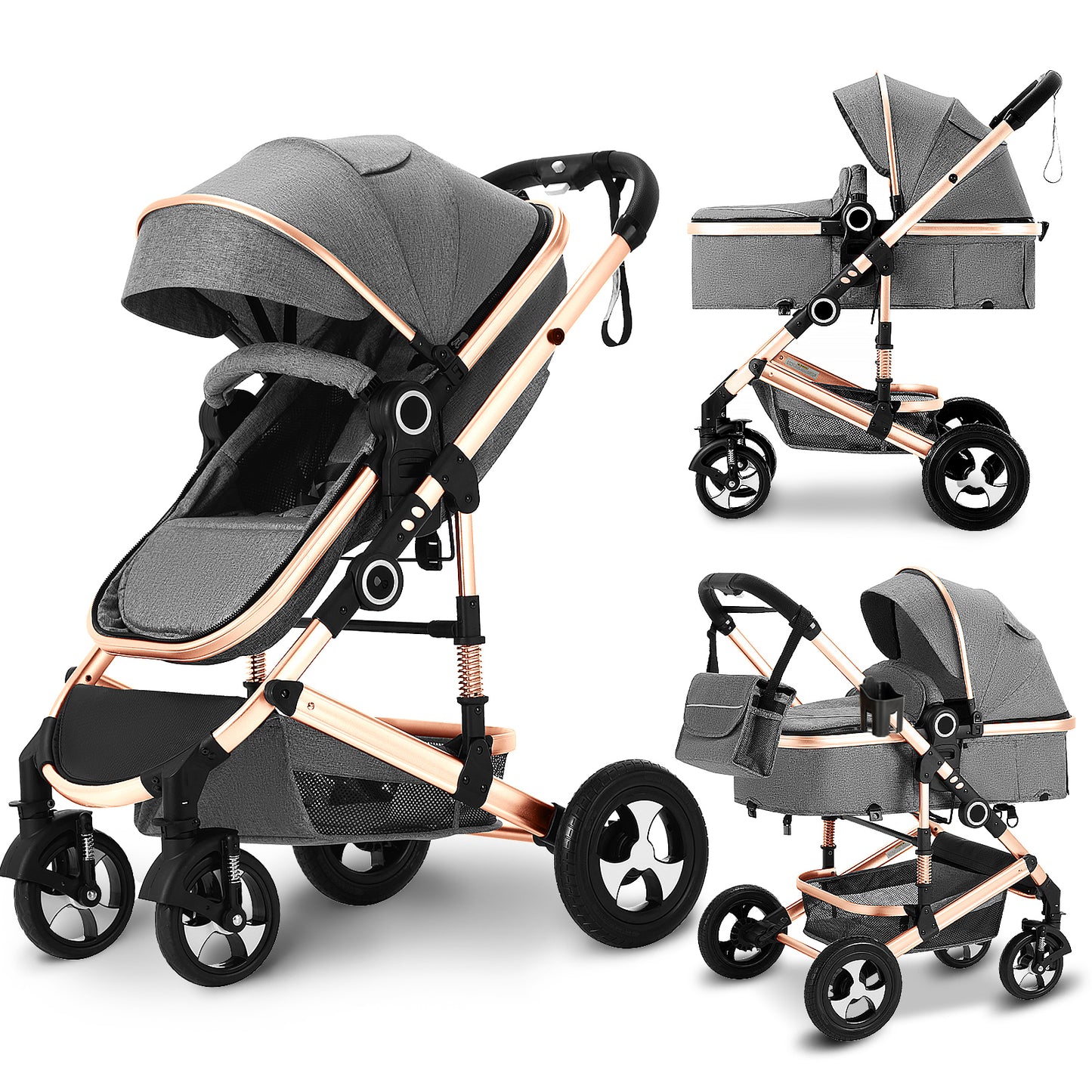 2 in 1 Convertible Baby Stroller, Unisex Folding Infant Newborn Bassinet Pram, Rose Gold