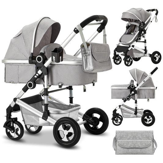 2 in 1 Convertible Baby Stroller, Unisex Folding Infant Newborn Bassinet Pram, Light Grey