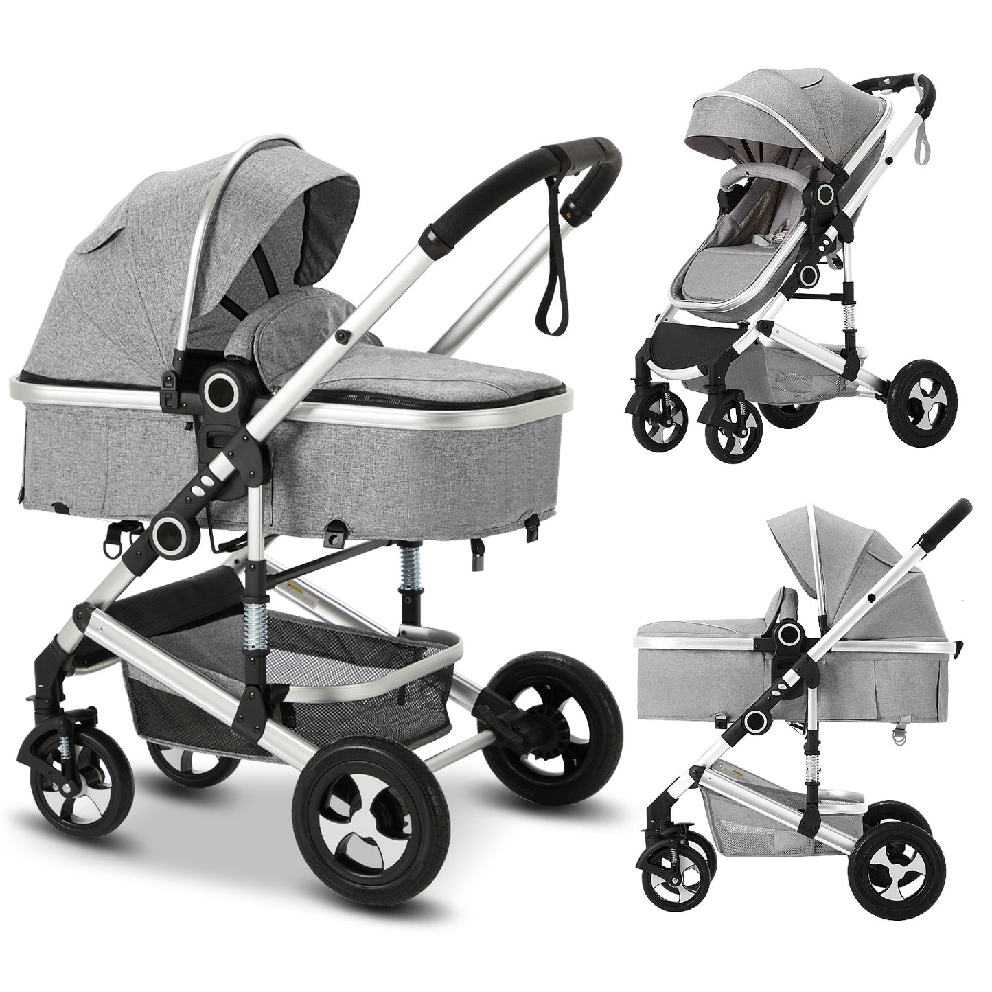 AILEEKISS 3 in 1 Convertible Baby Stroller, Unisex Folding Newborn Stroller with Big Seat, Light Grey