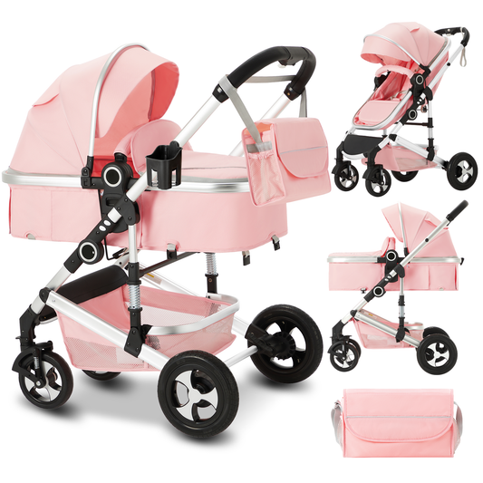 2 in 1 Convertible Baby Stroller, Unisex Folding Infant Newborn Bassinet Pram, Pink