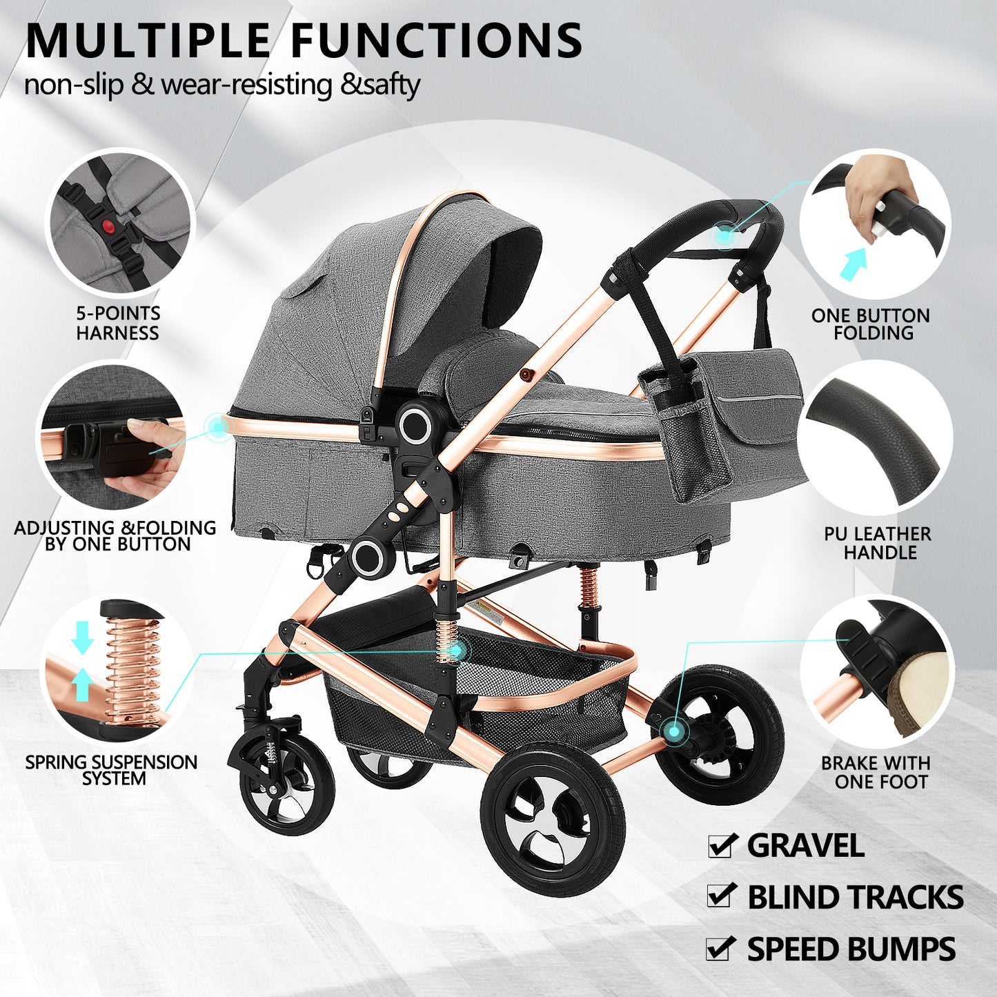 2 in 1 Convertible Baby Stroller, Unisex Folding Infant Newborn Bassinet Pram, Rose Gold