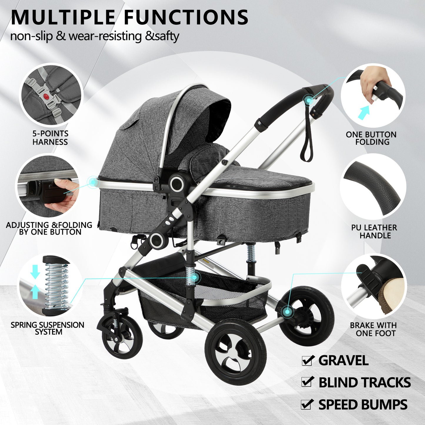 AILEEKISS 3 in 1 Convertible Baby Stroller, Unisex Folding Newborn Stroller with Big Seat, Dark Grey
